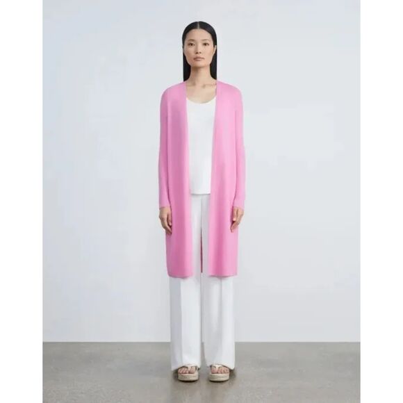 Lafayette 148 Finespun Voile Ribbed Open Duster Cardigan, Pink Madder, Size M